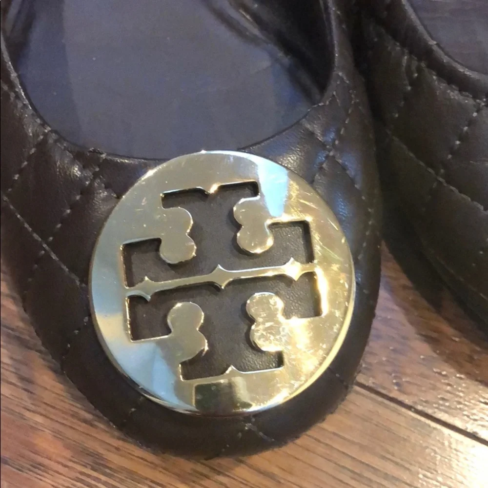 Tory Burch Black Quilted Leather Flats with Gold Logo Medallion